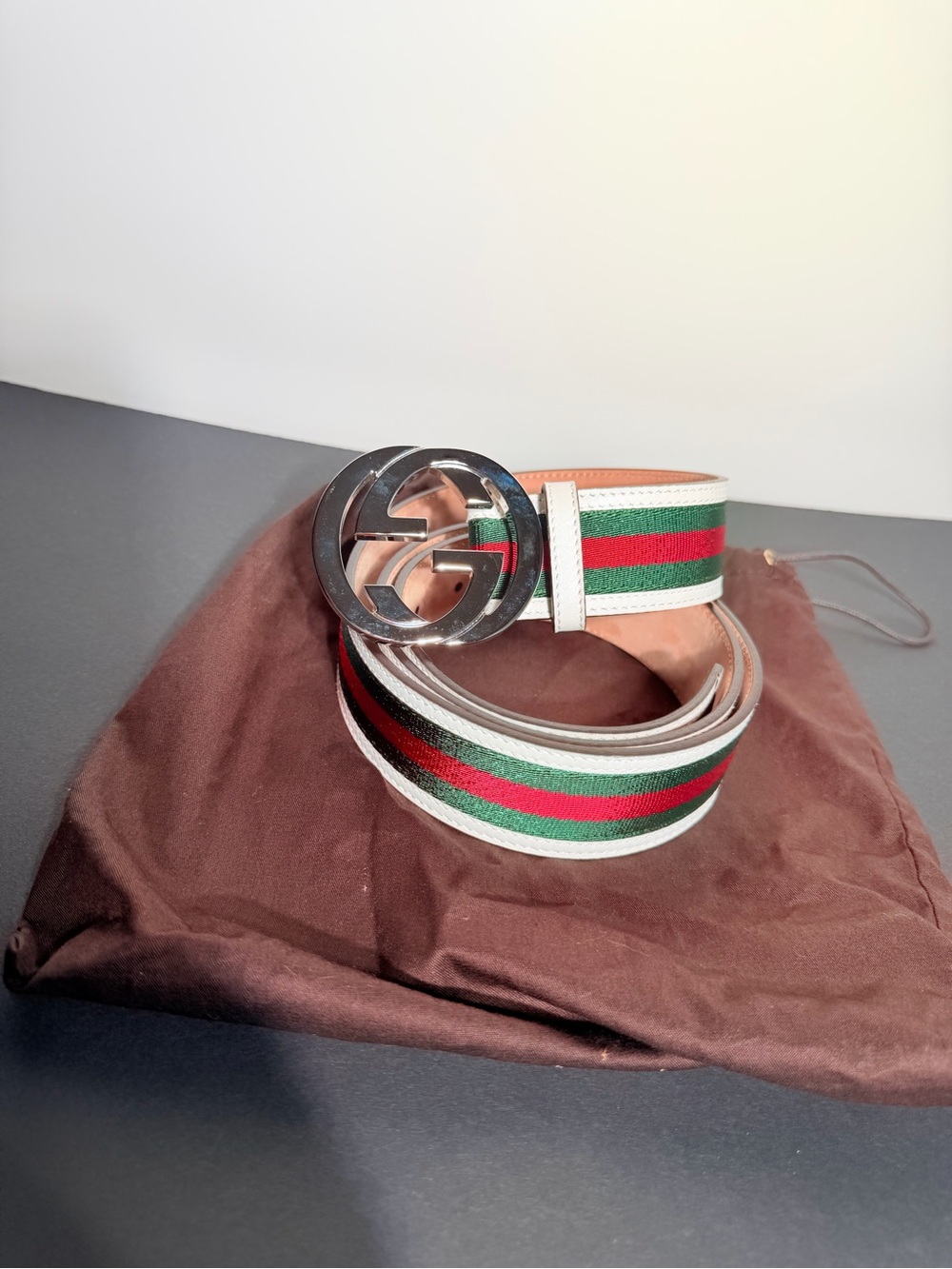Authentic Gucci Green, Red and White Web Stripe Belt with Silver GG Buckle